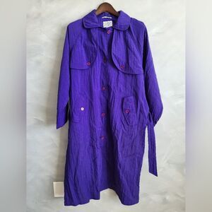Deep Purple Midi Nylon Belt Vintage Button Down Trench Jacket Lightweight Sz 12